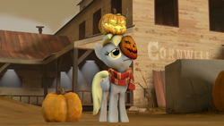 Size: 1920x1080 | Tagged: safe, derpy hooves, ditzy doo, pegasus, pony, 3d, autumn, bubble, clothes, female, halloween, holiday, jack-o-lantern, leaves, mare, pumpkin, sad, scarf, source filmmaker