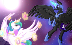 Size: 1600x1000 | Tagged: safe, artist:grimdark-graveyeard, nightmare moon, princess celestia, alicorn, pony, crown, elements of harmony, female, horn, jewelry, mare, regalia, siblings, sisters