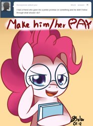 Size: 600x811 | Tagged: safe, artist:solar-slash, pinkie pie, earth pony, pony, ask, ask pinkie pie solutions, book, solo, tumblr