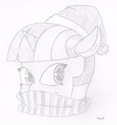 Size: 1500x1600 | Tagged: safe, artist:ramott, derpibooru import, twilight sparkle, clothes, hat, santa hat, scarf, smiling, solo, traditional art