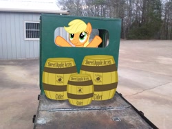 Size: 2592x1944 | Tagged: safe, artist:tokkazutara1164, artist:up1ter, applejack, barrels, building, cider, irl, photo, pick up, ponies in real life, solo, truck, vector