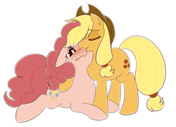 Size: 972x698 | Tagged: safe, artist:umeguru, applejack, pinkie pie, earth pony, pony, applejack's hat, comforting, cowboy hat, crying, female, floppy ears, freckles, hat, mare, pixiv, sad, wavy mouth