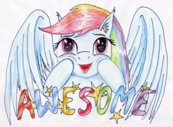 Size: 3067x2250 | Tagged: safe, artist:40kponyguy, derpibooru exclusive, derpibooru import, rainbow dash, pegasus, pony, ear fluff, looking up, reaction image, solo, spread wings, starry eyes, traditional art, wingding eyes, wings