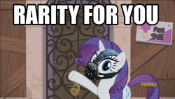 Size: 1366x768 | Tagged: safe, edit, screencap, rarity, pony, unicorn, the gift of the maud pie, bane, baneposting, baneposting in the comments, discovery family logo, for you, image macro, meme, rarity for you, sale, solo, the dark knight rises