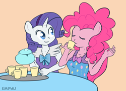 Size: 1000x728 | Tagged: safe, artist:empyu, pinkie pie, rarity, anthro, 45 minute art challenge, clothes, equestria girls outfit, nightgown, pajamas, tea