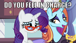 Size: 1280x720 | Tagged: safe, edit, screencap, rarity, sassy saddles, pony, unicorn, canterlot boutique, bane, baneposting, dialogue, glasses, image macro, leaning, meme, movie quote, open mouth, talking, text, the dark knight rises