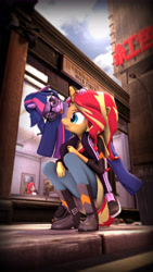 Size: 5400x9600 | Tagged: safe, artist:imafutureguitarhero, sci-twi, sunset shimmer, twilight sparkle, oc, oc:strawberry cheesecake, anthro, plantigrade anthro, unicorn, equestria girls, 3d, absurd file size, absurd resolution, adidas, arm freckles, boots, chromatic aberration, clothes, colored eyebrows, cute, equestria girls outfit, female, film grain, floppy ears, freckles, glasses, jacket, jeans, leather boots, leather jacket, lesbian, mare, multicolored hair, multicolored tail, nail polish, nose wrinkle, painting, pants, pavement, piggyback ride, road, scitwishimmer, shipping, shoes, sidewalk, sign, signature, source filmmaker, squatting, street, street lights, sun, sunsetsparkle, tongue out, trash can, twiabetes, vertical, wall of tags, window