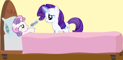 Size: 1024x499 | Tagged: safe, artist:abealy2, rarity, sweetie belle, pony, unicorn, bed, caring for the sick, magic, sick, sisters