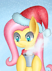 Size: 3300x4500 | Tagged: safe, artist:kawaiipony2, fluttershy, pegasus, pony, bust, clothes, hat, looking down, mug, santa hat, scarf, snow, snowfall, solo