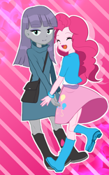 Size: 500x800 | Tagged: safe, artist:weiliy, maud pie, pinkie pie, equestria girls, boots, bracelet, clothes, eyes closed, female, high heel boots, jewelry, pixiv, purse, sisters, skirt, smiling