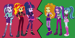 Size: 1297x665 | Tagged: dead source, safe, artist:sarahgdo, adagio dazzle, aria blaze, sonata dusk, starlight glimmer, sunset shimmer, twilight sparkle, equestria girls, alternate universe, hatless, missing accessory, the dazzlings, versus