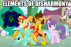 Size: 615x403 | Tagged: safe, cheese sandwich, cherry cola, cherry fizzy, lightning dust, mochaccino, rare find, sunset shimmer, suri polomare, tornado bolt, happy, image macro, meme, text