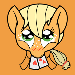 Size: 700x700 | Tagged: safe, artist:smockhobbes, applejack, earth pony, pony, looking at you, mouth hold, playing card, simple background, solo