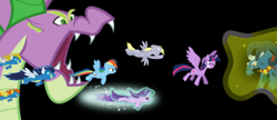 Size: 495x213 | Tagged: safe, blaze, derpy hooves, grogar, rainbow dash, soarin', spike, starlight glimmer, surprise, twilight sparkle, twilight sparkle (alicorn), alicorn, dragon, pegasus, pony, unicorn, angry, clothes, end of ponies, fake, fake screencap, faker than a three dollar bill, flying, glowing horn, horn, magic, magic aura, ram, spikezilla, telekinesis, uniform, vector, wonderbolts uniform