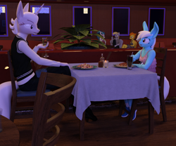 Size: 2400x2000 | Tagged: safe, artist:tahublade7, derpy hooves, sonata dusk, spitfire, zesty gourmand, oc, oc:minolta grandeur, anthro, plantigrade anthro, 3d, adopted offspring, alcohol, big ears, bucktooth, candle, clothes, daz studio, dining table, dress, female, food, high res, parent:photo finish, parents:zestyfinish, pasta, plant, restaurant, shoes, sneakers, soda, spaghetti, table, vest, wine