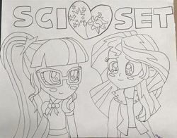 Size: 1080x848 | Tagged: safe, artist:superclassicsonic4equestria, sci-twi, sunset shimmer, twilight sparkle, equestria girls, blushing, cutie mark, female, heart, instagram, lesbian, lineart, looking at each other, scitwishimmer, shipping, sketch, sunsetsparkle, traditional art