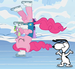 Size: 572x524 | Tagged: safe, derpibooru import, edit, edited screencap, screencap, pinkie pie, spike, twilight sparkle, dragon, earth pony, pony, winter wrap up, charles m schulz, christmas, clothes, cropped, ice skates, ice skating, peanuts, snoopy, snow, vest, winter, winter wrap up vest