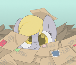 Size: 3500x3000 | Tagged: safe, artist:glitterstar2000, derpy hooves, pony, blue background, bust, cute, derpabetes, envelope, female, heart eyes, letter, looking at you, mail, mare, portrait, simple background, solo, wingding eyes