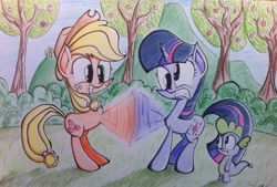 Size: 2048x1384 | Tagged: safe, artist:pelate, applejack, spike, twilight sparkle, dragon, earth pony, pony, friendship is magic, derp, scene interpretation, traditional art