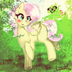 Size: 1024x1024 | Tagged: safe, artist:doubt, fluttershy, butterfly, pegasus, pony, blushing, female, grass, mare, signature, smiling, solo