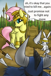 Size: 853x1280 | Tagged: safe, artist:wedgeantilleshzdgj, angel bunny, fluttershy, iron will, pegasus, pony, captain moroni, mormons, religion, spear