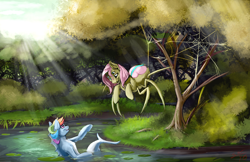 Size: 1500x971 | Tagged: safe, artist:blindcoyote, derpibooru import, fluttershy, rainbow dash, drider, monster pony, original species, siren, spiderpony, comic:children of everfree, alternate universe, crepuscular rays, forest, looking at each other, pond, river, sirendash, species swap, spidershy, water