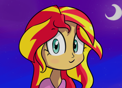 Size: 1950x1415 | Tagged: safe, artist:artiks, sunset shimmer, human, equestria girls, female, looking at you, moon, night, smiling, solo