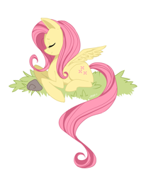 Size: 1567x1899 | Tagged: safe, artist:midnightgospel, fluttershy, pegasus, pony, eyes closed, female, grass, lying in grass, mare, prone, simple background, smiling, solo