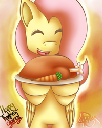 Size: 1945x2449 | Tagged: safe, artist:arties-paint-game, fluttershy, pegasus, pony, bipedal, carrot, cooked, dead, eyes closed, female, food, mare, meat, ponies eating meat, smiling, solo, thanksgiving, turkey