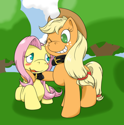 Size: 1024x1030 | Tagged: safe, artist:thepiplup, applejack, fluttershy, earth pony, pegasus, pony, appleshy, blushing, collar, female, grass, lesbian, shipping, tree
