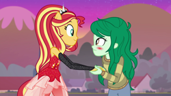 Size: 1920x1080 | Tagged: safe, screencap, sunset shimmer, wallflower blush, better together, equestria girls, forgotten friendship, blushing, duo, female, holding hands, looking at you, ponied up, shipping fuel, super ponied up