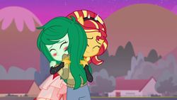 Size: 1920x1080 | Tagged: safe, screencap, sunset shimmer, wallflower blush, better together, equestria girls, forgotten friendship, blushing, cute, duo, female, flowerbetes, house, hug, shimmerbetes, shipping fuel, super ponied up