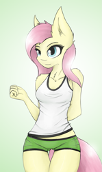 Size: 821x1374 | Tagged: safe, artist:ninjapony, fluttershy, anthro, clothes, female, gradient background, solo, sports shorts, tanktop, underass