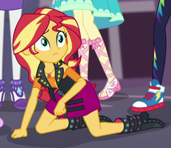 Size: 624x542 | Tagged: safe, derpibooru import, screencap, fluttershy, rainbow dash, rarity, sunset shimmer, better together, equestria girls, forgotten friendship, boots, clothes, converse, cropped, feet, geode of empathy, high heels, humans doing horse things, leggings, legs, magical geodes, sandals, shoes