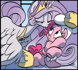 Size: 720x650 | Tagged: safe, artist:jay fosgitt, edit, idw, pinkie pie, princess celestia, alicorn, earth pony, pony, spoiler:comic, comic, duo, looking at each other, mane, princess molestia, scared