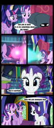 Size: 640x1491 | Tagged: safe, edit, edited screencap, editor:teren rogriss, screencap, rarity, starlight glimmer, twilight sparkle, twilight sparkle (alicorn), alicorn, pony, unicorn, it isn't the mane thing about you, book, bookshelf, comic, eyes closed, female, glowing horn, grin, hooves, horn, library, magic, mare, nervous, nervous grin, raised hoof, screencap comic, smiling, sofa, twilight's castle, twilight's castle library, wavy mouth, wings