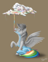 Size: 1399x1802 | Tagged: safe, artist:the1xeno1, derpibooru import, rainbow dash, pegasus, pony, backwards cutie mark, brown background, cloud, liquid rainbow, rainbow, rainbow-less dash, simple background, solo, surreal