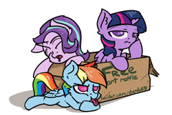 Size: 3000x2000 | Tagged: safe, artist:danli69, rainbow dash, starlight glimmer, twilight sparkle, twilight sparkle (alicorn), alicorn, pegasus, pony, unicorn, box, cardboard box, drool, female, giveaway, mare, palindrome get, pony in a box, raffle, simple background, tongue out, white background