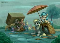 Size: 2797x2040 | Tagged: safe, artist:luciferamon, crafty crate, derpy hooves, spike, sunshower raindrops, twilight sparkle, dragon, pegasus, pony, unicorn, feeling pinkie keen, abuse, background pony, featured image, female, i just don't know what went wrong, male, mare, oops my bad, rain, sad, scene interpretation, sitting, stallion, this will end in hospitalization, twilybuse, umbrella