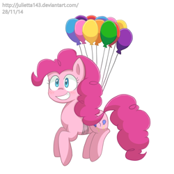 Size: 1000x1000 | Tagged: dead source, safe, artist:jayivee, pinkie pie, earth pony, pony, balloon, cute, diapinkes, female, mare, simple background, smiling, solo, then watch her balloons lift her up to the sky, white background