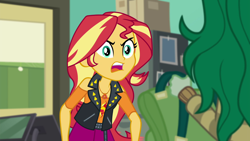 Size: 1920x1080 | Tagged: safe, screencap, sunset shimmer, wallflower blush, better together, equestria girls, forgotten friendship, angry, clothes, female, geode of empathy, jacket, skirt