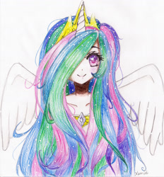 Size: 1674x1803 | Tagged: safe, artist:bluepanda125, princess celestia, human, hair over one eye, horned humanization, humanized, pony coloring, simple background, smiling, solo, spread wings, traditional art, winged humanization