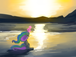 Size: 2000x1500 | Tagged: safe, artist:lilfunkman, princess celestia, alicorn, pony, beach, digital painting, female, glowing horn, magic, outdoors, reflection, solo, sun, sun work, water