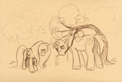 Size: 900x609 | Tagged: safe, artist:ellis1342, artist:ellisarts, big macintosh, fluttershy, earth pony, pegasus, pony, flower, fluttermac, male, monochrome, shipping, sketch, stallion, straight, tree