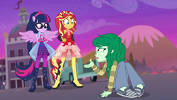 Size: 1920x1080 | Tagged: safe, screencap, sci-twi, sunset shimmer, twilight sparkle, wallflower blush, better together, equestria girls, forgotten friendship, animation error, female, ponied up, scitwilicorn, wings