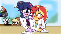 Size: 1366x768 | Tagged: safe, artist:jase1505, derpibooru import, applejack, rainbow dash, sci-twi, sunset shimmer, twilight sparkle, series:sunlight horizons, equestria girls, blushing, clothes, experiment, female, lab coat, lesbian, rainbow dumb, science was done, scitwishimmer, shipping, sunsetsparkle, youtube link