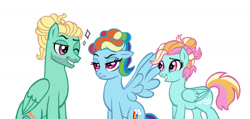 Size: 1600x761 | Tagged: safe, artist:cascayd, derpibooru import, rainbow dash, zephyr breeze, oc, oc:crosswind, pegasus, pony, alternate hairstyle, cute, female, male, offspring, one eye closed, parent:rainbow dash, parent:zephyr breeze, parents:zephdash, rainbow dash always dresses in style, rainbow dash is not amused, shipping, simple background, smiling, straight, trio, unamused, white background, wink, zephdash