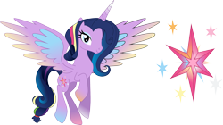 Size: 3000x1678 | Tagged: safe, artist:theshadowstone, derpibooru import, applejack, fluttershy, pinkie pie, rainbow dash, rarity, twilight sparkle, oc, oc:harmony (theshadowstone), alicorn, earth pony, pony, appleflaritwidashpie, bedroom eyes, cutie mark, eyeshadow, flying, fusion, looking at you, mane six, multicolored iris, simple background, smiling, spread wings, transparent background, vector, we have become one