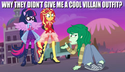 Size: 1872x1080 | Tagged: safe, edit, edited screencap, screencap, sci-twi, sunset shimmer, twilight sparkle, wallflower blush, better together, equestria girls, forgotten friendship, female, ponied up, scitwilicorn, striped sweater, super ponied up, wings