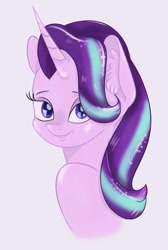 Size: 732x1092 | Tagged: safe, artist:nyota71, starlight glimmer, pony, unicorn, bust, cute, ear fluff, female, portrait, purple eyes, shiny, simple background, smiling, solo